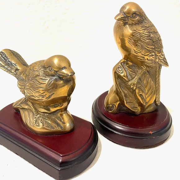 Brass Birds Elaborate Statues Bookends On Mahogany Stands - Picture 4 of 9